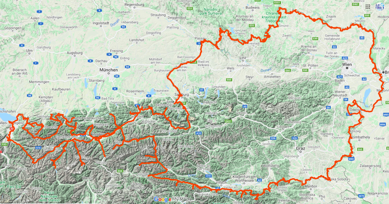 Route der Motorradtour rund um Österreich